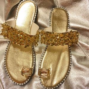 Gold Studded Toe Ring Flat Sandals